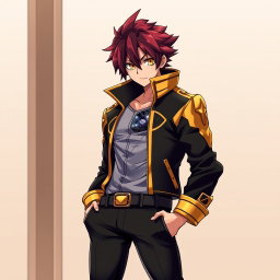 An anime boy with striking burgundy and brown hair, wearing a stylish black and golden jacket paired with fitted black pants and eye-catching gold shoes