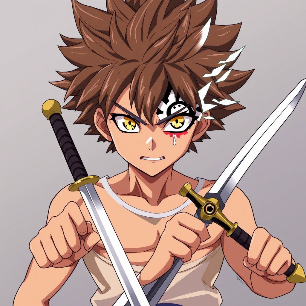 An anime character inspired by Asta from Black Clover, featuring brown spikes Afro hair and striking gold eyes