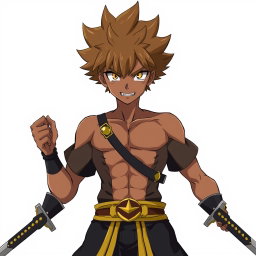 An anime character inspired by Asta from Black Clover, featuring brown spikes Afro hair and striking gold eyes