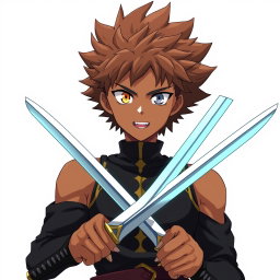 An anime character inspired by Asta from Black Clover, featuring brown spikes Afro hair and striking gold eyes