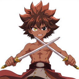 An anime character inspired by Asta from Black Clover, featuring brown spikes Afro hair and striking gold eyes