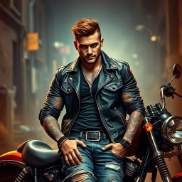 An intense depiction of a rebellious bad boy biker named Tyler, exuding an aura of danger and excitement