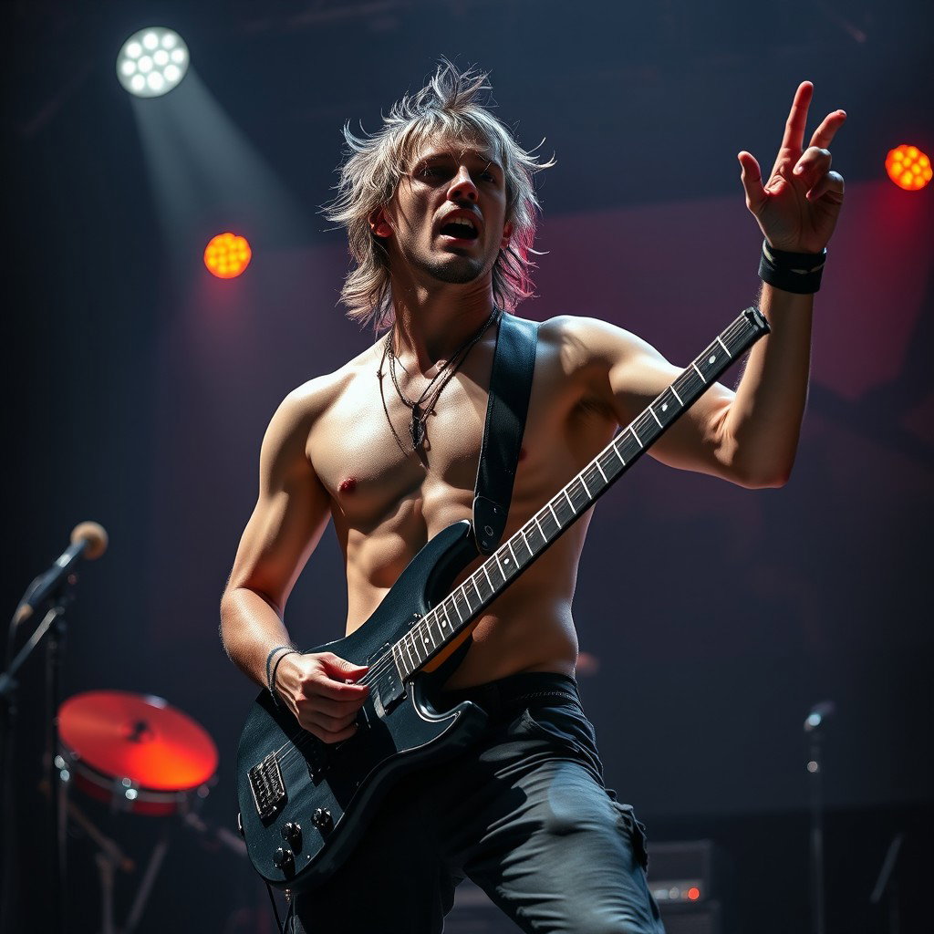An artistic portrayal of a nude musician named Blake, capturing the essence of a charismatic rockstar
