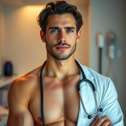 A captivating portrayal of a nude doctor named Marcus, who embodies intelligence and dedication in his role as a healer