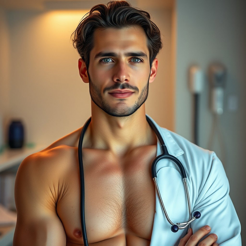 A captivating portrayal of a nude doctor named Marcus, who embodies intelligence and dedication in his role as a healer