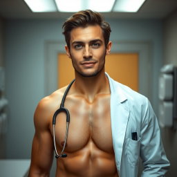 A captivating portrayal of a nude doctor named Marcus, who embodies intelligence and dedication in his role as a healer