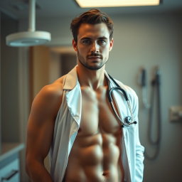 A captivating portrayal of a nude doctor named Marcus, who embodies intelligence and dedication in his role as a healer