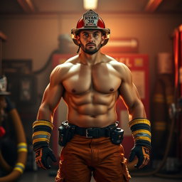 A powerful depiction of a nude firefighter named Ryan, age 30, portraying bravery and strength
