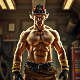 A powerful depiction of a nude firefighter named Ryan, age 30, portraying bravery and strength