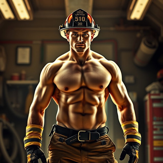 A powerful depiction of a nude firefighter named Ryan, age 30, portraying bravery and strength