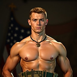 A striking depiction of a nude military man named Nathan, age 35, embodying the qualities of discipline, loyalty, and protection