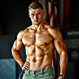 A striking depiction of a nude military man named Nathan, age 35, embodying the qualities of discipline, loyalty, and protection