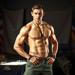 A striking depiction of a nude military man named Nathan, age 35, embodying the qualities of discipline, loyalty, and protection