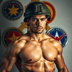 A striking and dynamic depiction of a nude military man named Nathan, age 35, wearing a military helmet (casque) that symbolizes his disciplined and protective nature