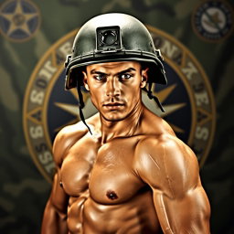 A striking and dynamic depiction of a nude military man named Nathan, age 35, wearing a military helmet (casque) that symbolizes his disciplined and protective nature