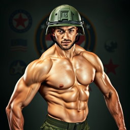 A striking and dynamic depiction of a nude military man named Nathan, age 35, wearing a military helmet (casque) that symbolizes his disciplined and protective nature