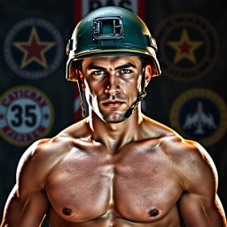 A striking and dynamic depiction of a nude military man named Nathan, age 35, wearing a military helmet (casque) that symbolizes his disciplined and protective nature