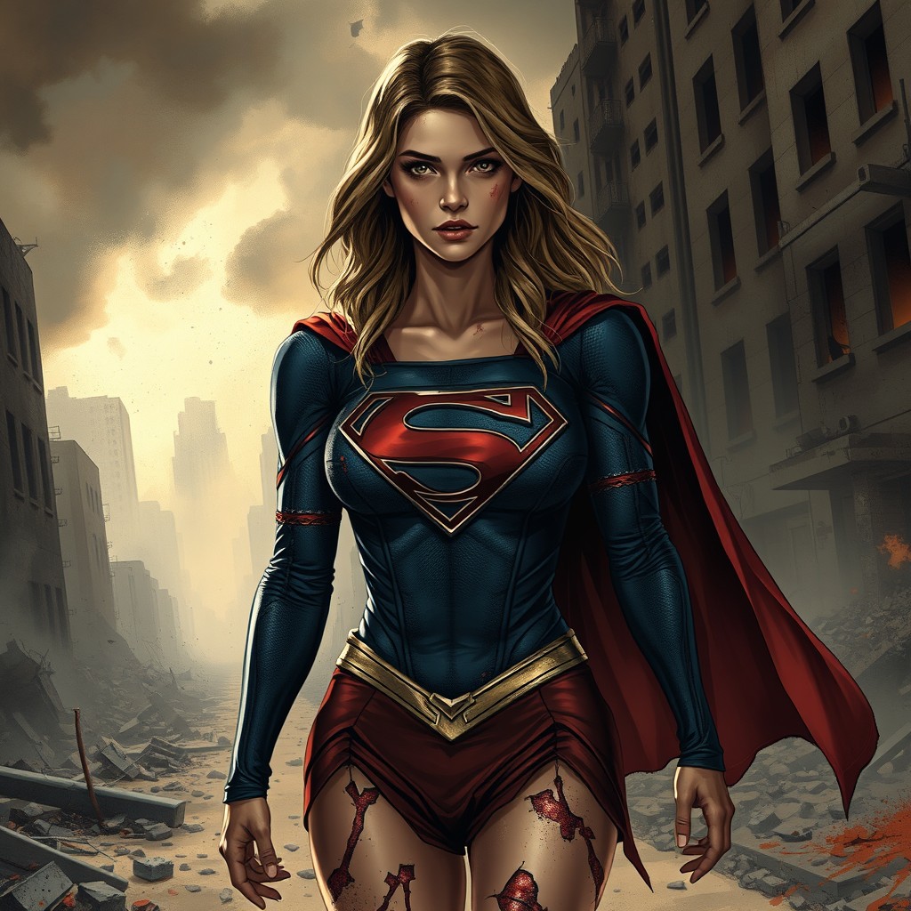 An image of Supergirl, showcasing her with visible wounds and a torn costume, as she walks through a devastated city
