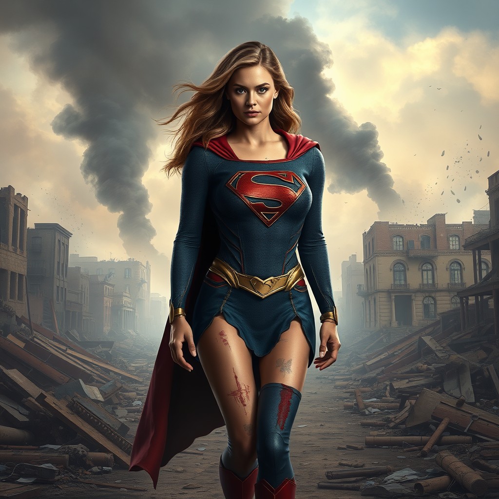 An image of Supergirl, depicting her with visible wounds and a torn costume, as she walks through a devastated cityscape