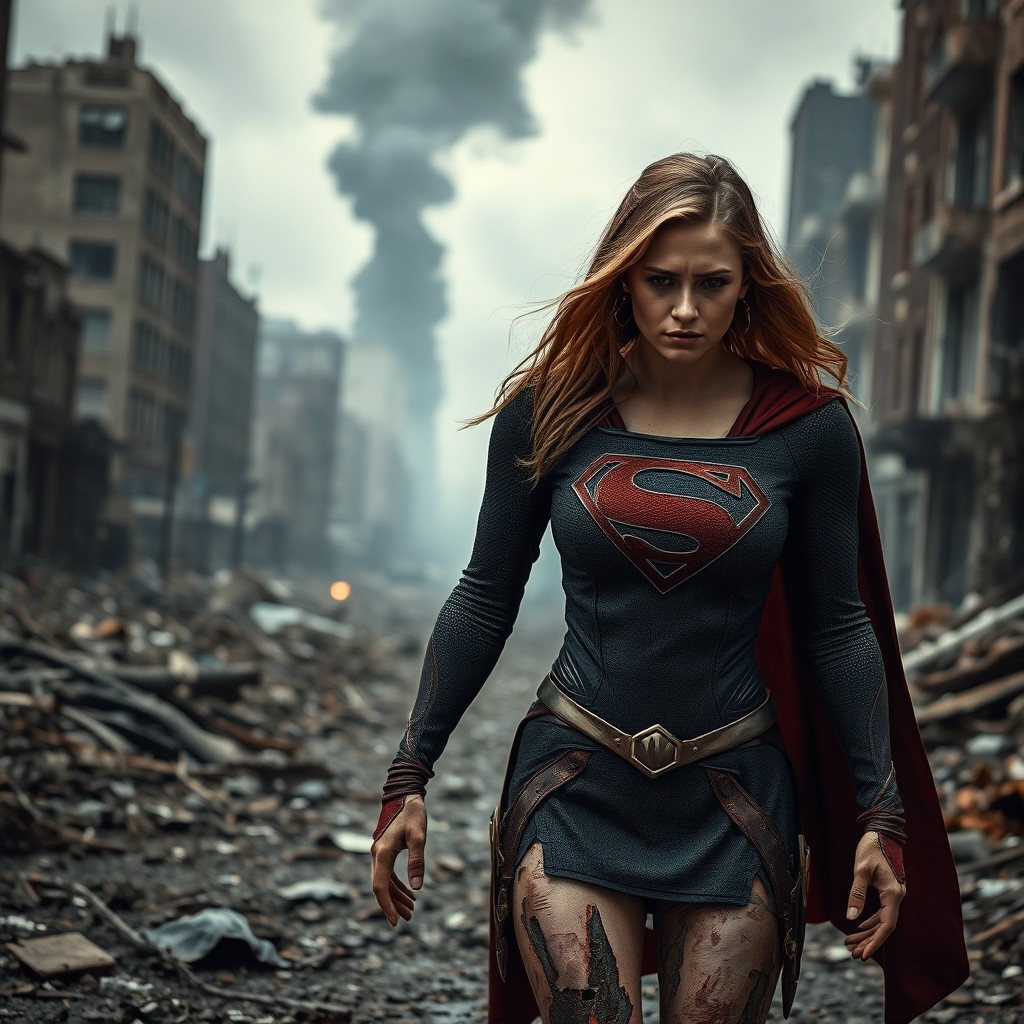 An image of defeated Supergirl, appearing weak and wounded, as she walks through a ravaged cityscape