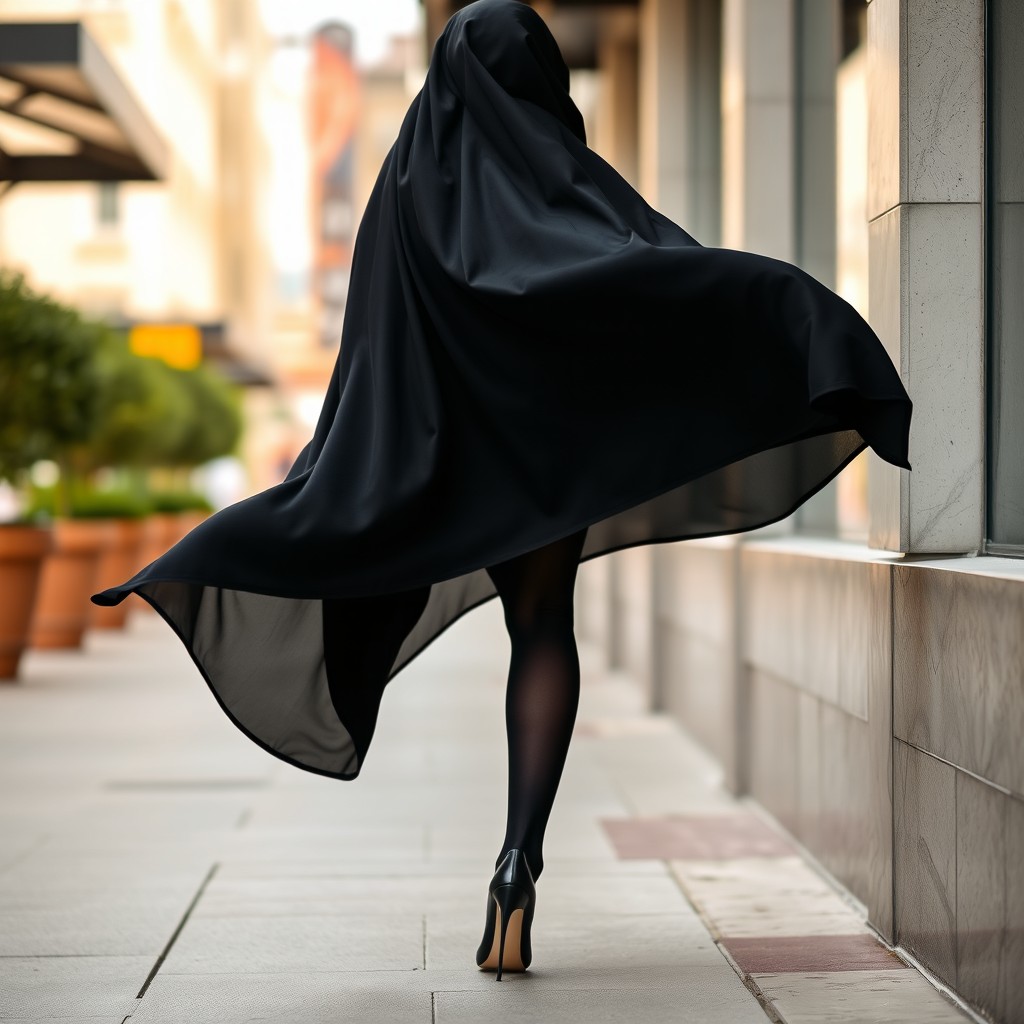 A woman dressed in a flowing thick black chador, elegantly covering her figure, is walking gracefully on a sidewalk