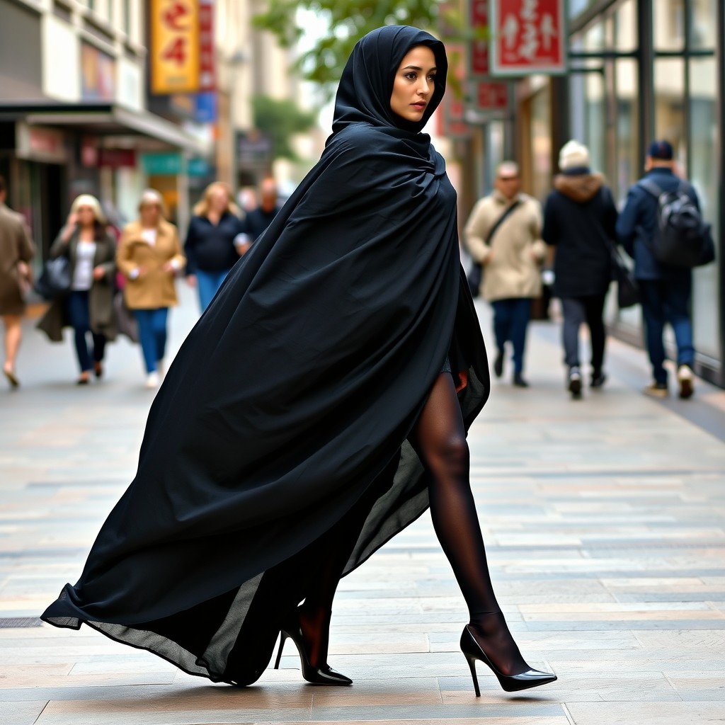 A woman dressed in a thick, elegantly flowing black chador, which drapes beautifully around her form, is confidently walking on a bustling sidewalk