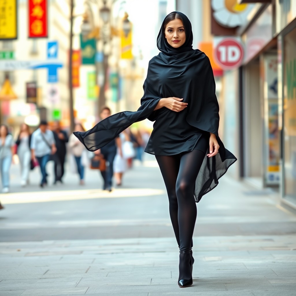A woman gracefully adorned in a thick black chador, elegantly flowing around her, walks purposefully on a bustling sidewalk