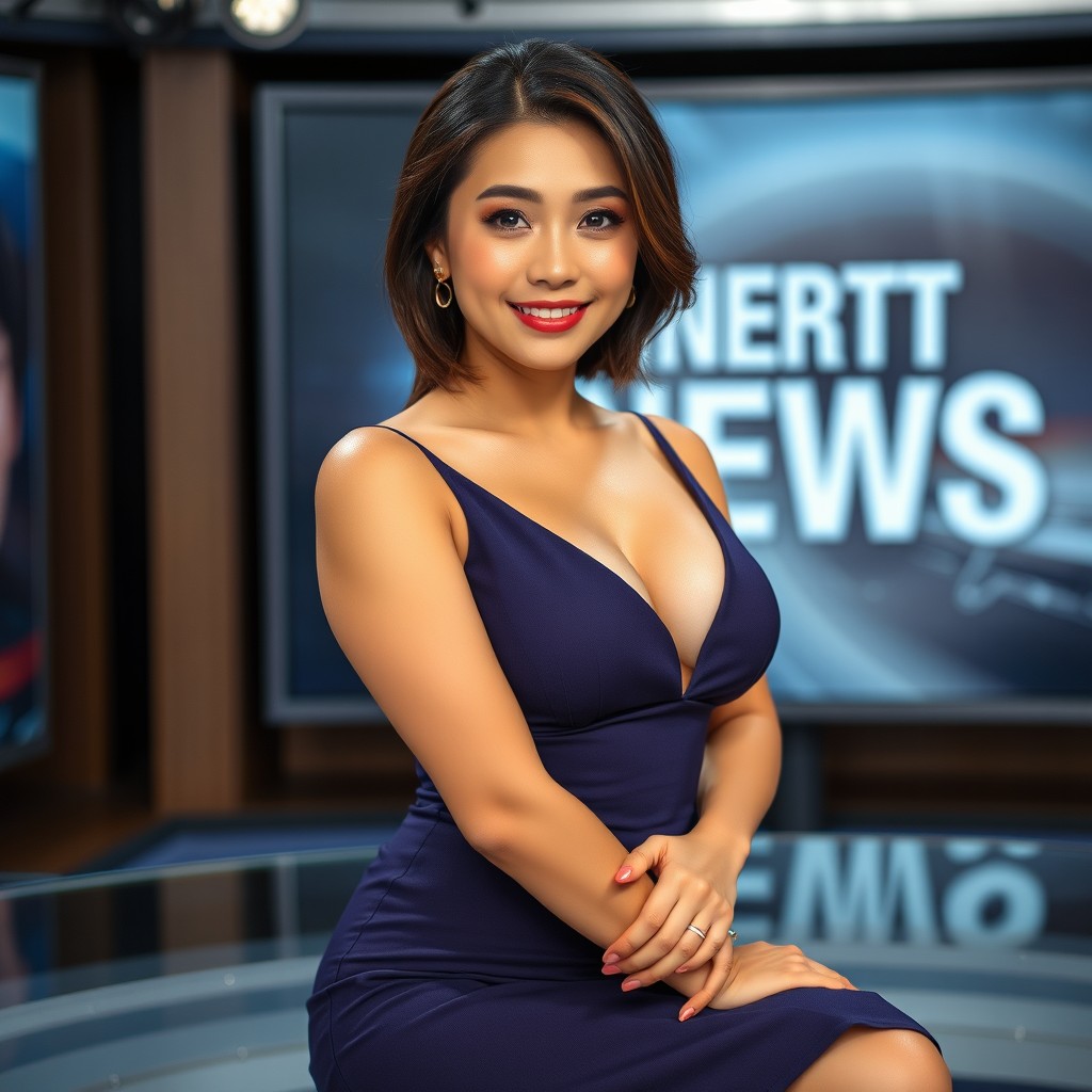 A beautiful Japanese woman serving as a news anchor, facing the camera with an elegant and confident expression