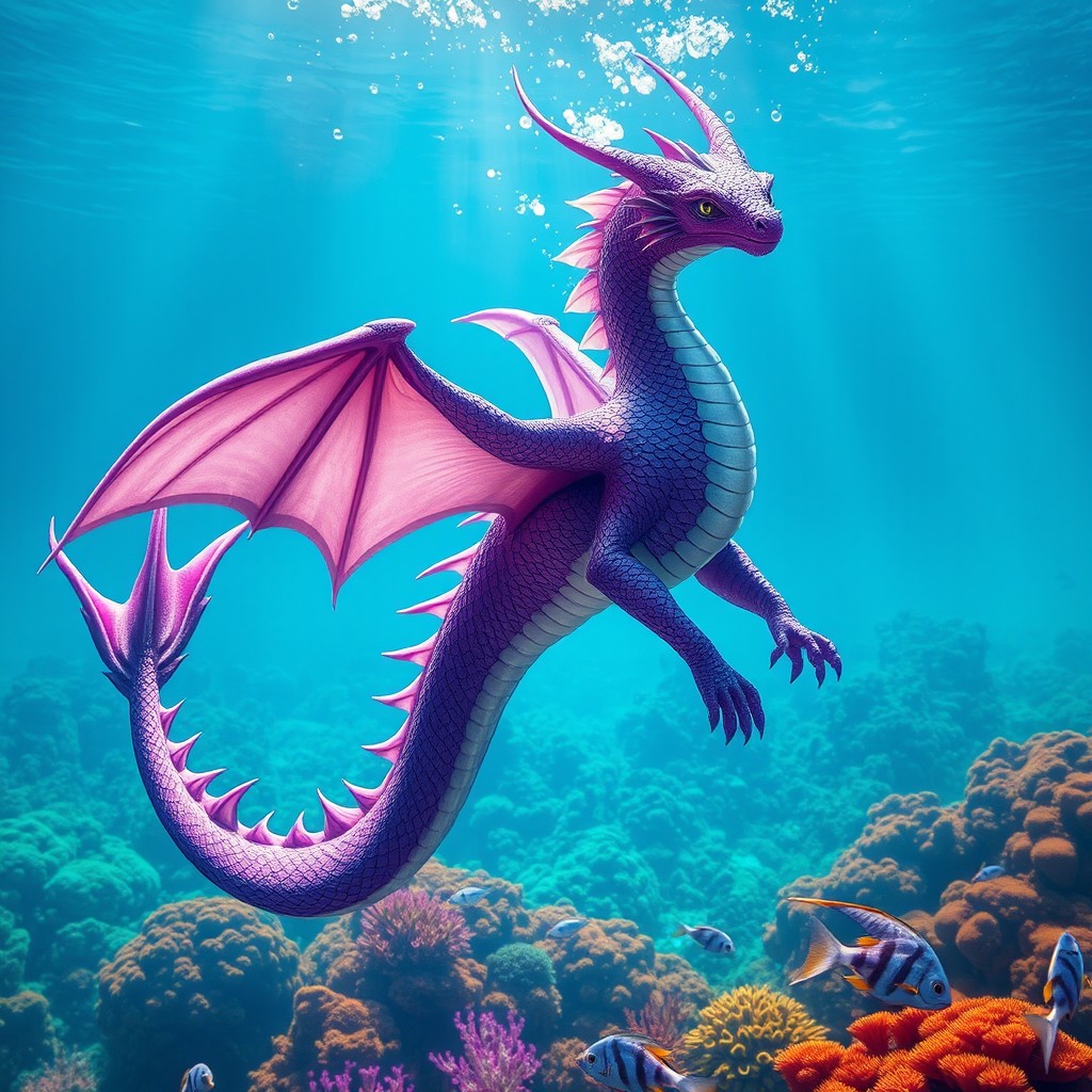 A majestic purple water dragon, gracefully swimming through a clear blue ocean, with vibrant coral reefs visible below