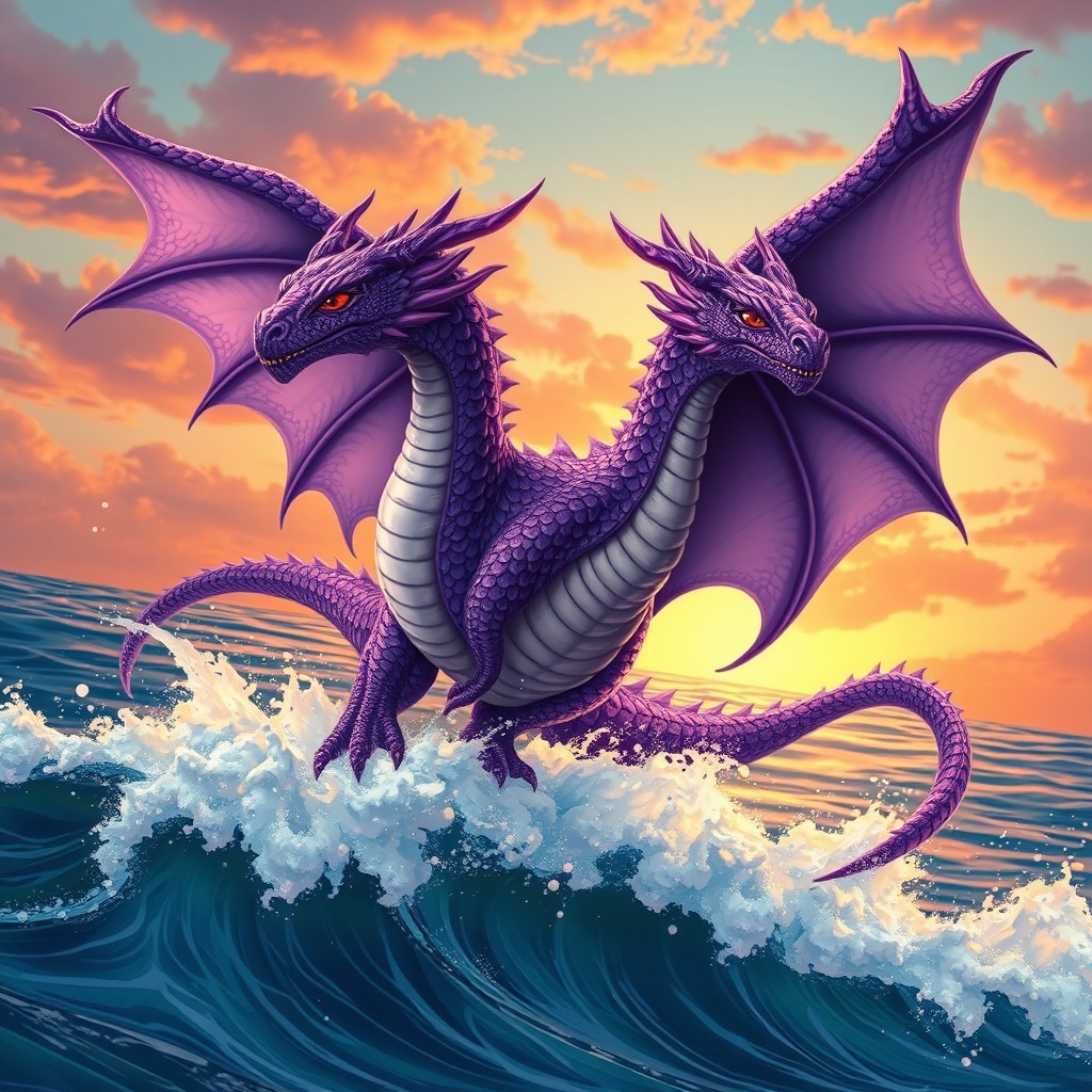 A fierce and majestic purple water dragon, its scales shimmering in shades of violet and lavender, showcasing its powerful physique and elegant form