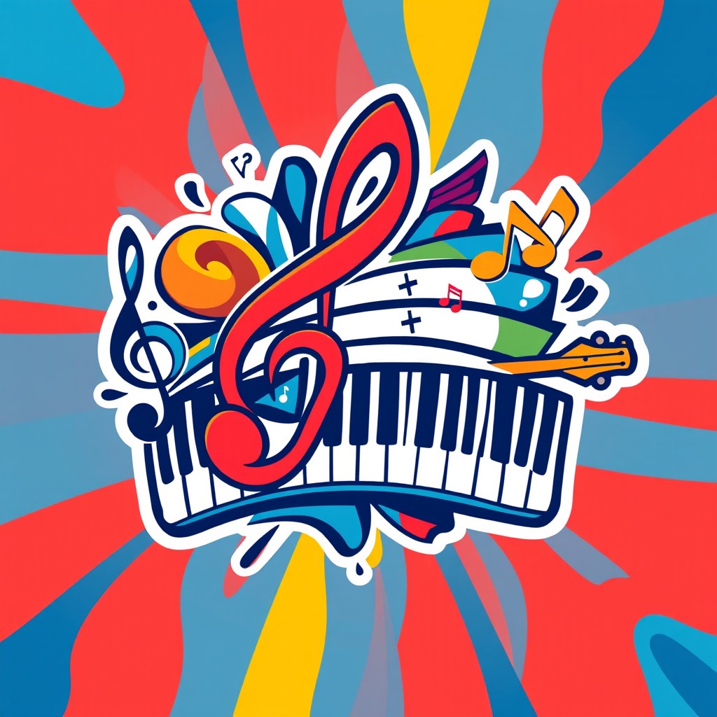 A vibrant and creative logo design incorporating musical elements like a treble clef, musical notes, and instruments such as a guitar and piano keys
