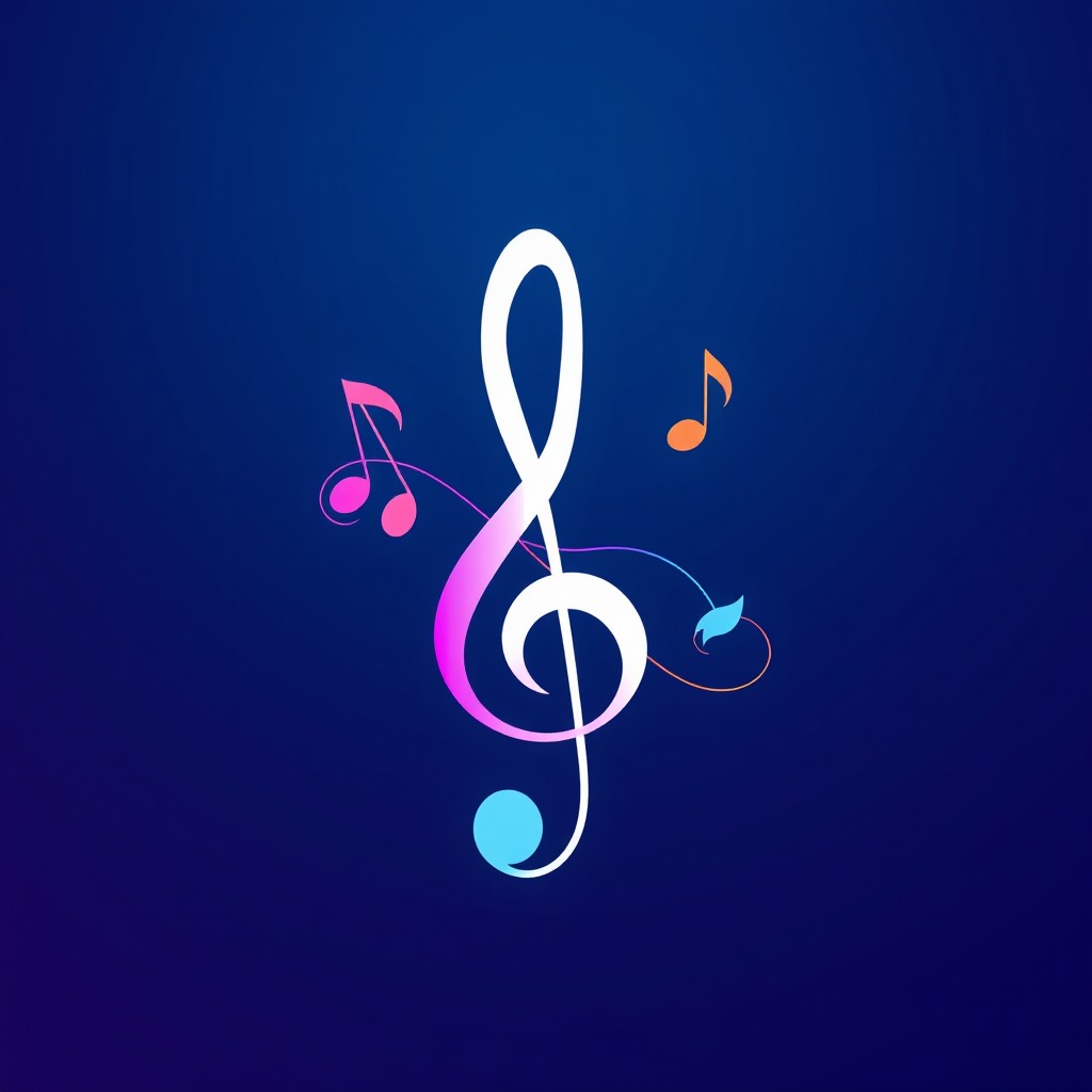 A modern and sleek musical logo featuring a stylized treble clef intertwining with vibrant musical notes, set against a gradient background of deep blues and purples