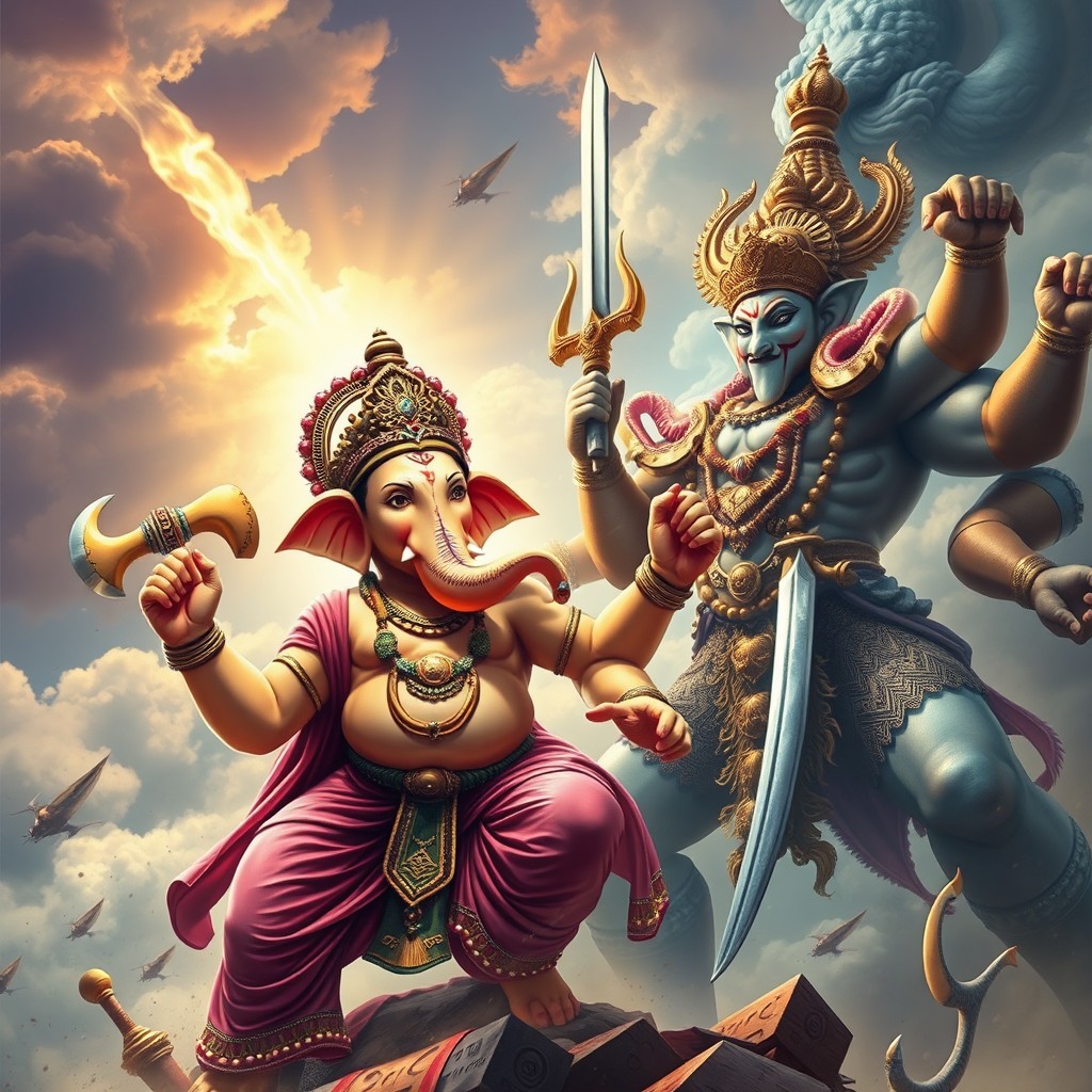 An epic confrontation scene between Lord Ganesha, the elephant-headed Hindu deity known for wisdom and obstacle removal, and Ravana, the ten-headed demon king from Hindu mythology