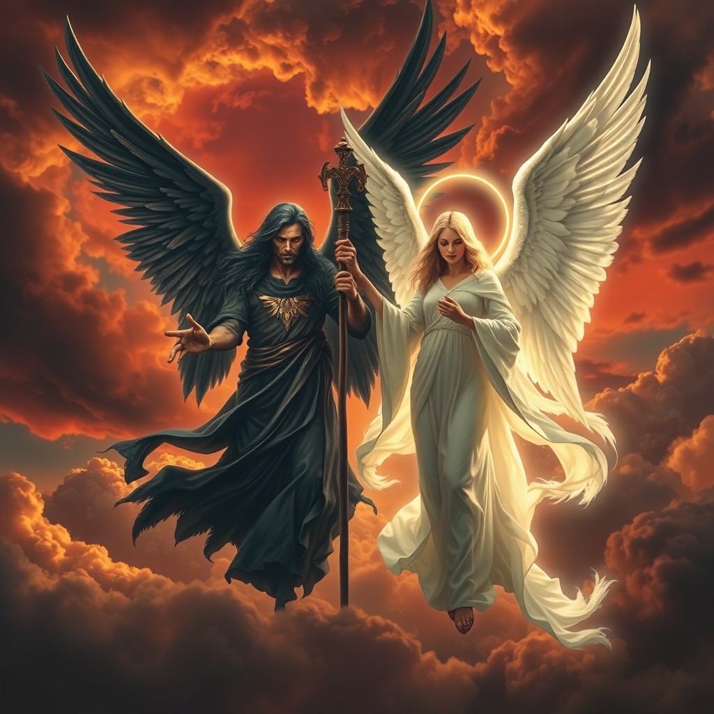 A visually striking and evocative scene featuring Samael and Azrael, often depicted together as angelic figures