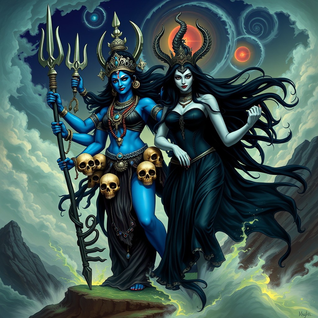 A powerful scene featuring Kali, the fierce Hindu goddess, depicted with her characteristic blue skin, multiple arms, adorned with skulls and a necklace of severed heads, brandishing weapons like a sword and a trident