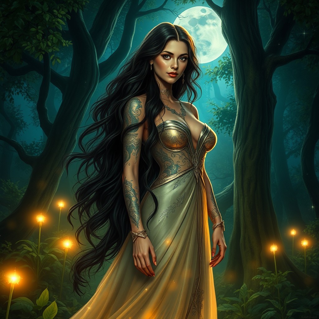 A stunning and enchanting portrayal of Lilith, often depicted as a beautiful woman with long, flowing dark hair, and intricate, mystical tattoos adorning her skin