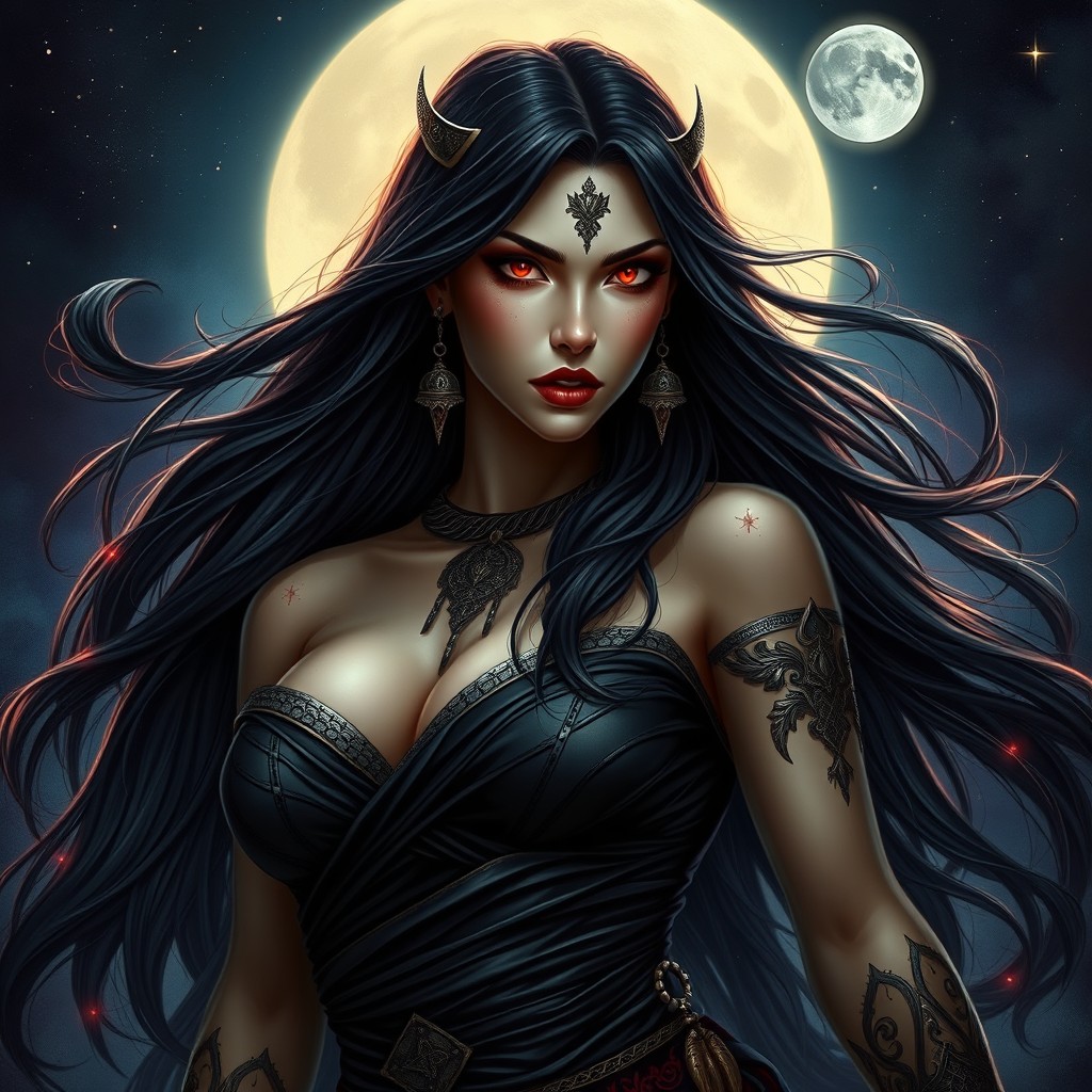 A striking portrait of Lilith, depicted as a powerful and enchanting woman, embodying the essence of mystique and strength