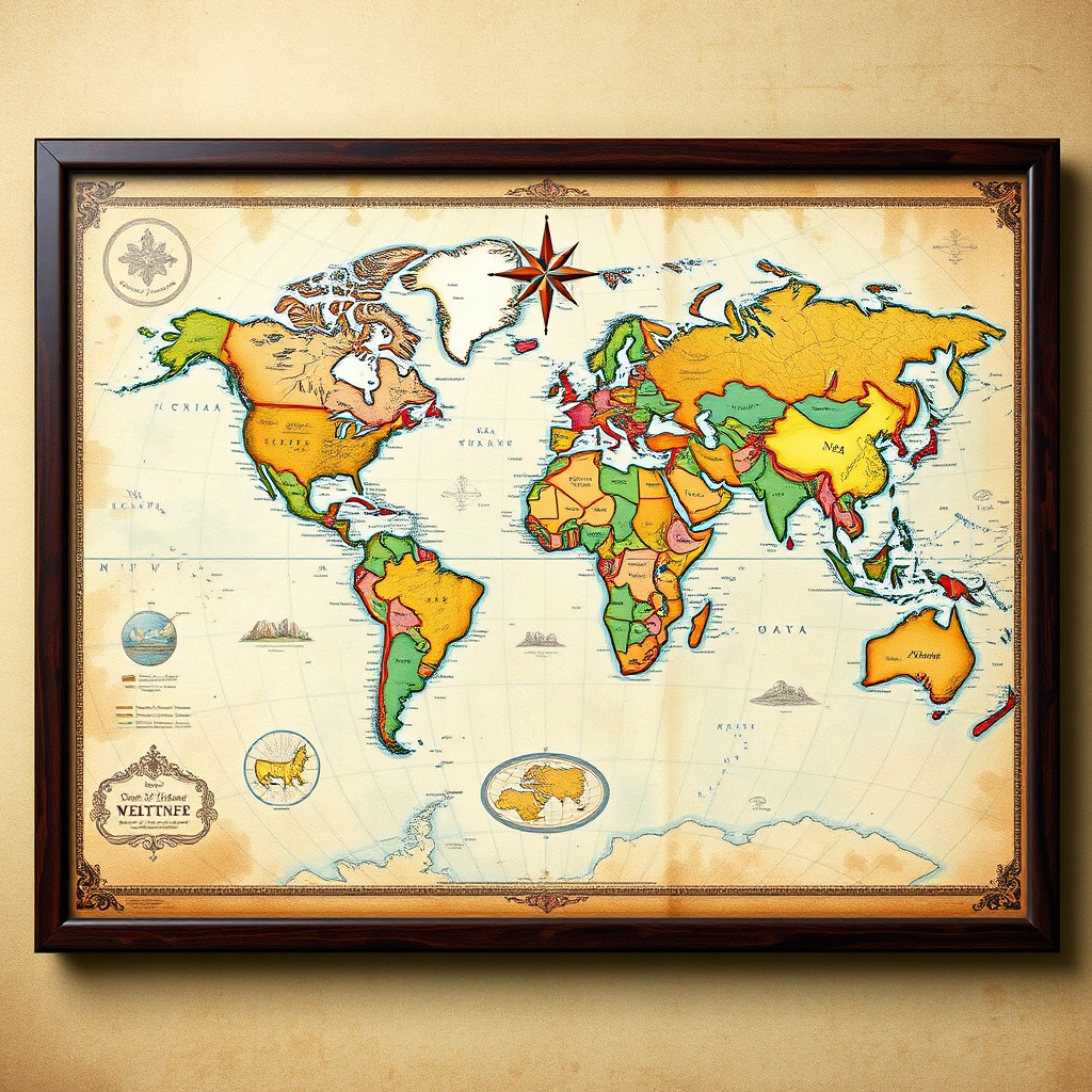 A detailed and beautifully illustrated world map print, featuring vibrant colors and intricate geographical features