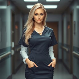A stunning photo of a blonde nurse with an hourglass figure, featuring wide hips and a slim waist, looking charmingly at the camera