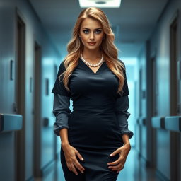 A stunning photo of a blonde nurse with an hourglass figure, featuring wide hips and a slim waist, looking charmingly at the camera