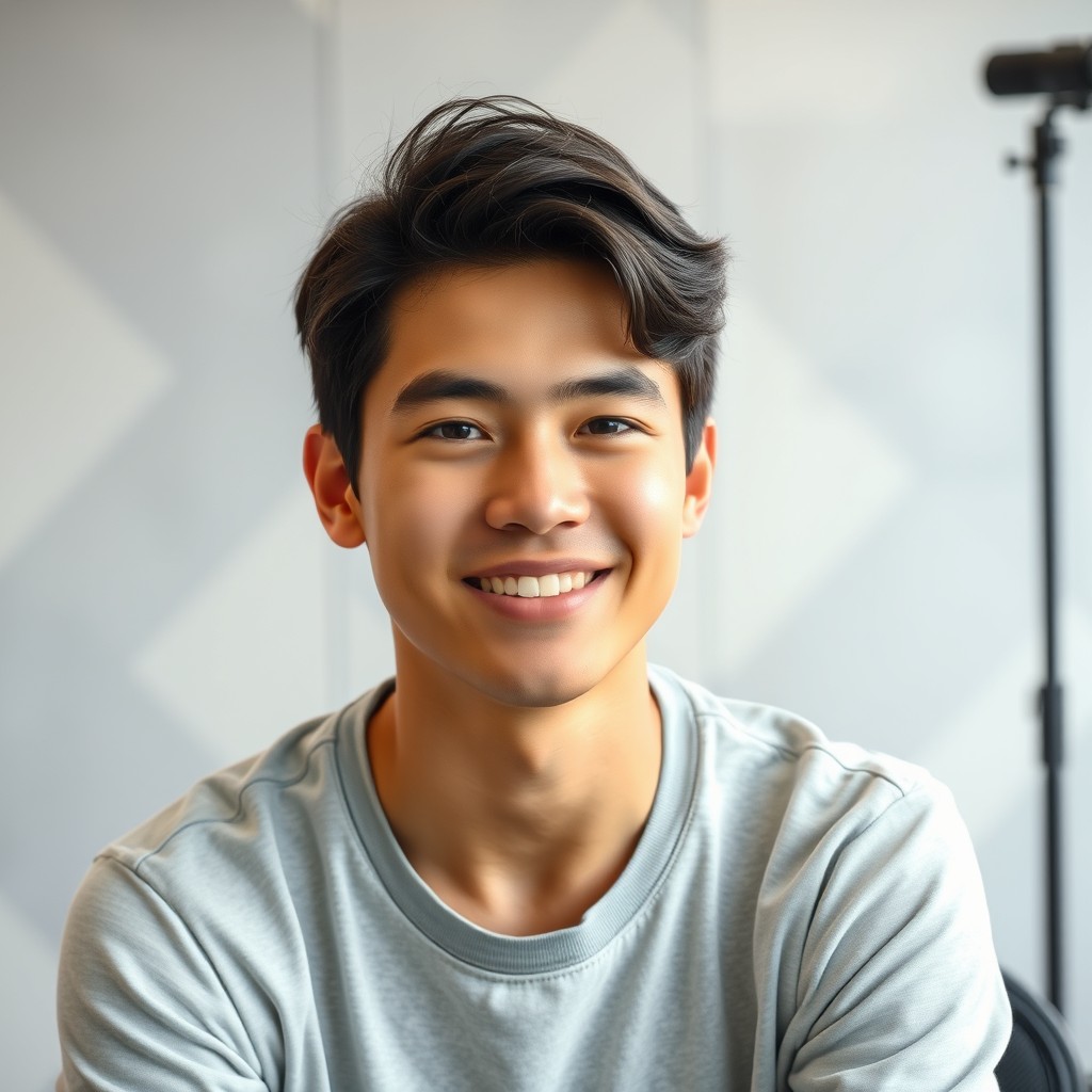 A young male YouTuber sitting in a modern studio, facing the camera with a friendly smile
