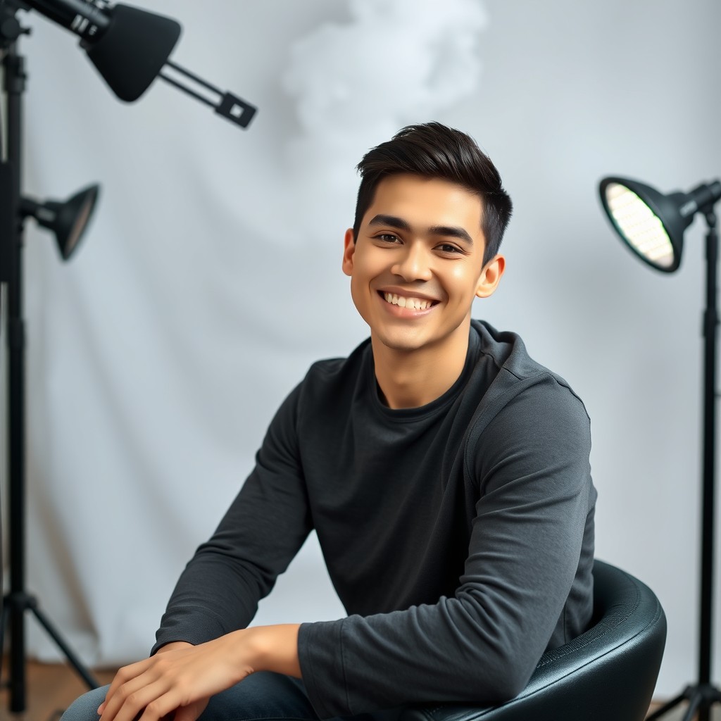 A young male YouTuber sitting in his modern studio, facing the camera with a bright, inviting smile