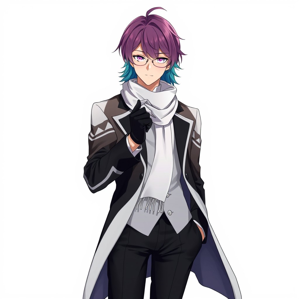 A striking male anime character, originating from Russia, with mid-long rainbow hair styled in bang frames that elegantly frame his forehead