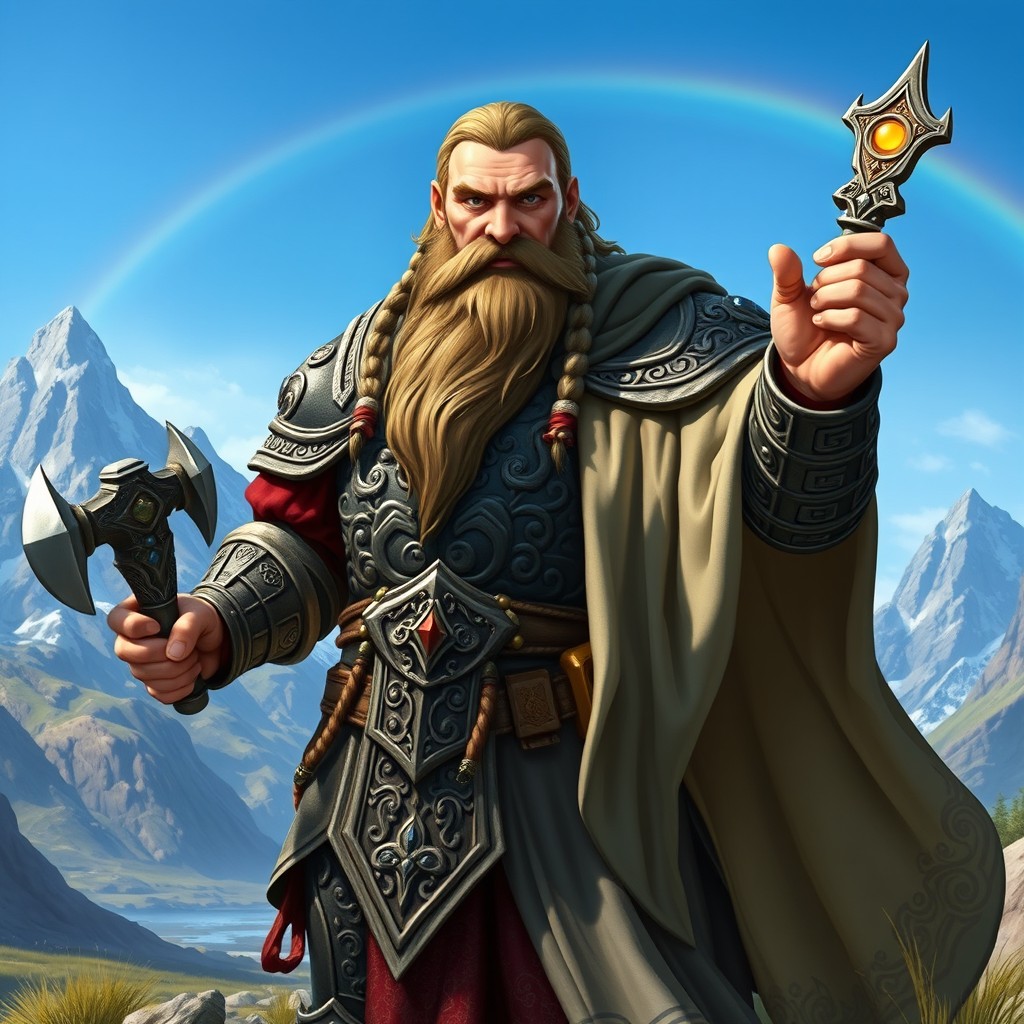 A mighty dwarven cleric standing proudly in a fantasy landscape, wearing intricately designed armor that has religious symbols embossed on it