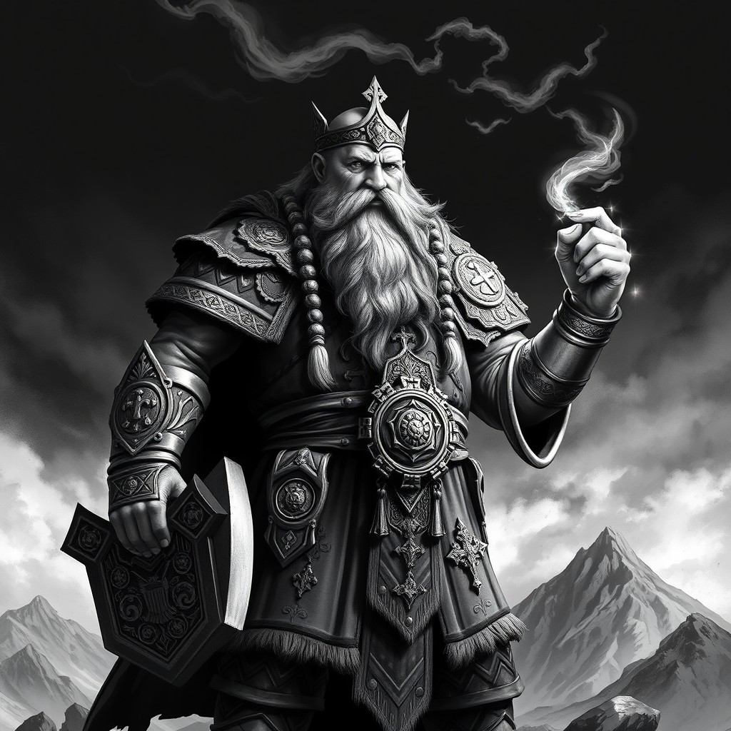 A powerful dwarven cleric depicted in black and white, standing tall in a dramatic pose against a stark, contrasting background