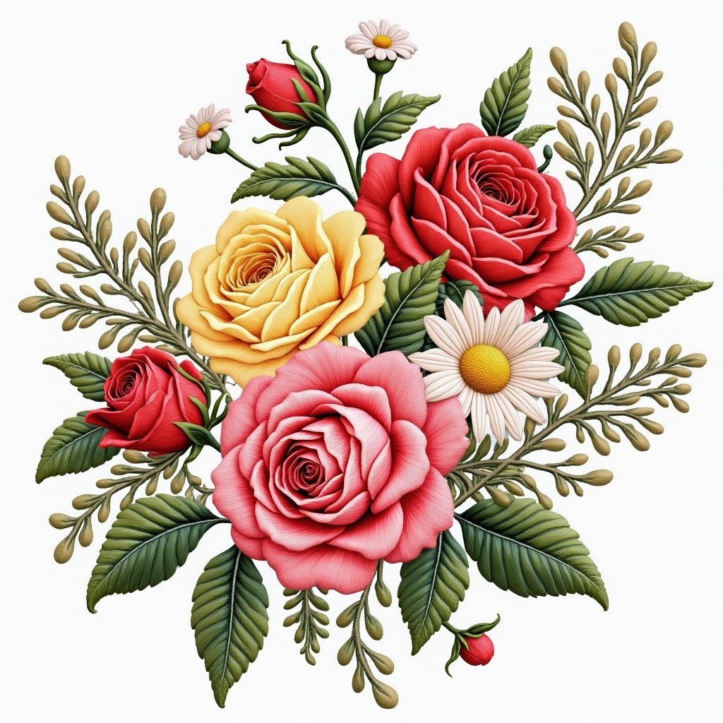 A detailed embroidery design featuring intricate floral patterns, including roses, daisies, and leaves, arranged harmoniously