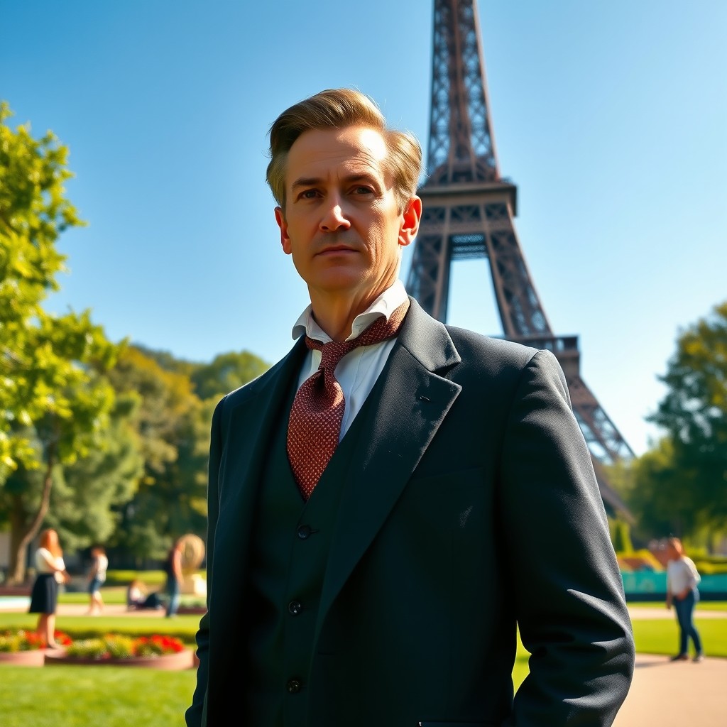 A dapper Victor Schoelcher standing confidently in front of the iconic Eiffel Tower, dressed in a sharp suit and tie