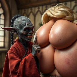 In a medieval room, a tiny elderly Goblin woman, depicted as a black African with very dark skin and an emaciated body, displays sharp, decayed teeth