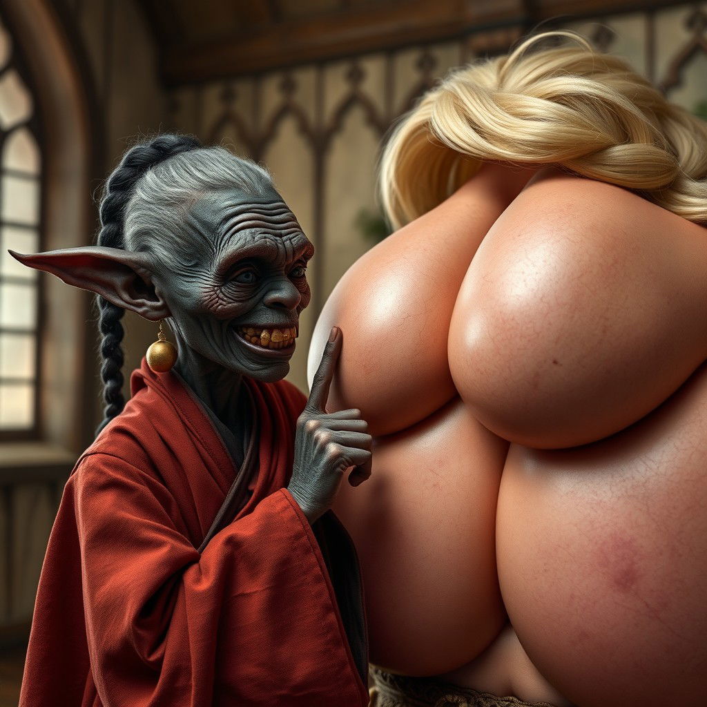 In a medieval room, a tiny elderly Goblin woman, depicted as a black African with very dark skin and an emaciated body, displays sharp, decayed teeth