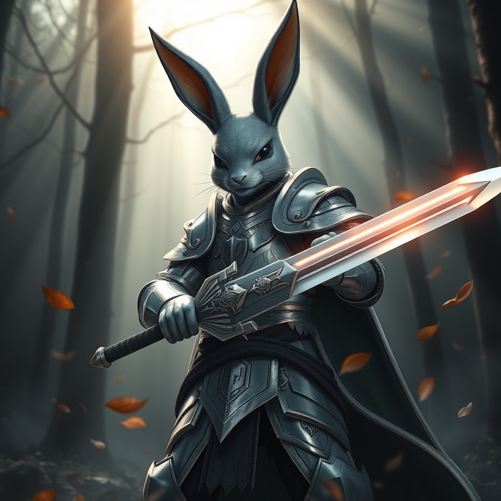 A Harengon paladin, resembling a humanoid rabbit, clad in shining silver armor adorned with symbolic vampire hunter motifs
